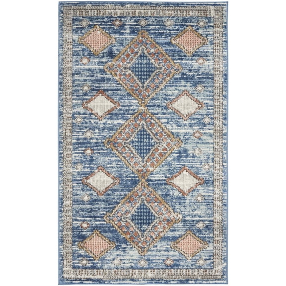 3' X 5' Blue Southwestern Power Loom Non Skid Area Rug