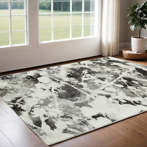 3' X 5' Charcoal And White Abstract Power Loom Stain Resistant Area Rug