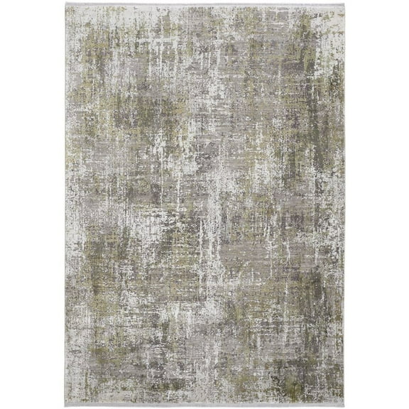 3' X 5' Green Gray And Ivory Abstract Power Loom Distressed Area Rug With Fringe