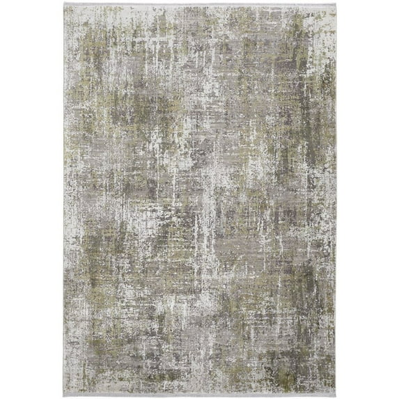 3' X 5' Green Gray And Ivory Abstract Power Loom Distressed Area Rug With Fringe