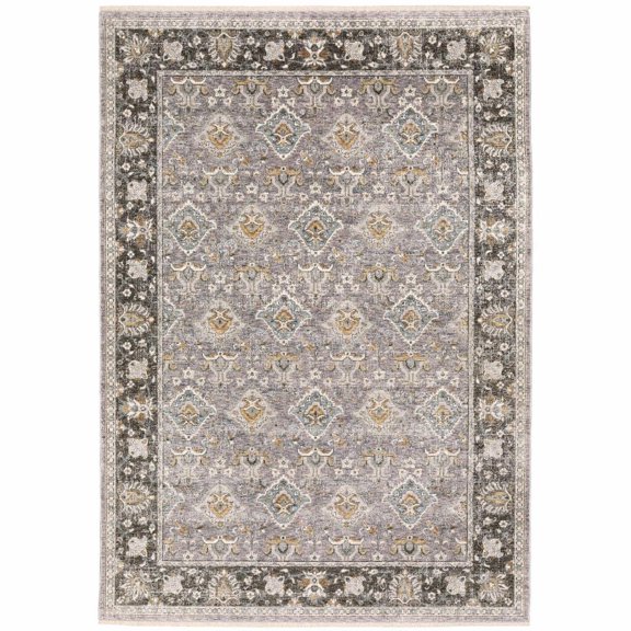 HomeRoots 509430 3 x 5 ft. Gray & Blue Oriental Power Loom Stain Resistant Rectangle Area Rug with Fringe