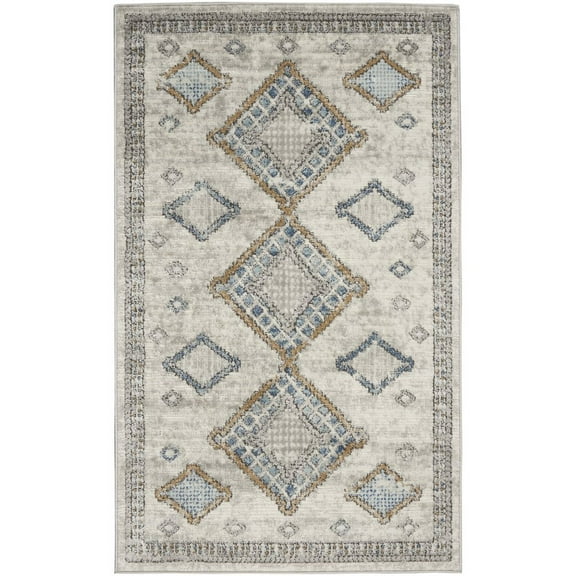HomeRoots 3' X 5' Ivory Grey And Blue Southwestern Power Loom Non Skid Area Rug