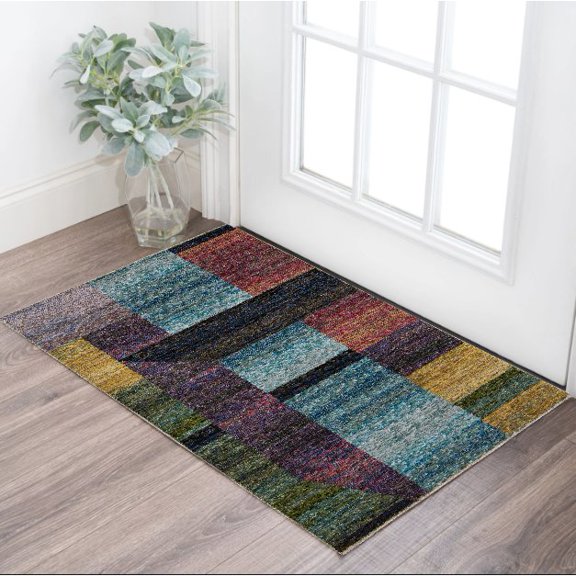 3' X 5' Purple Blue Teal Gold Green Red And Pink Geometric Power Loom Stain Resistant Area Rug