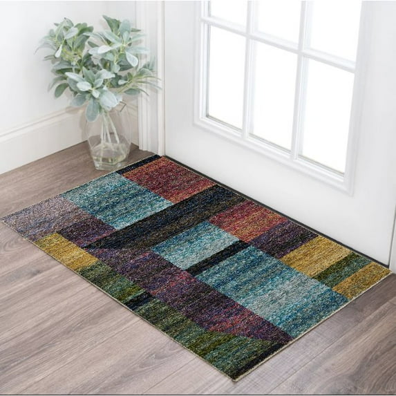 3' X 5' Purple Blue Teal Gold Green Red And Pink Geometric Power Loom Stain Resistant Area Rug