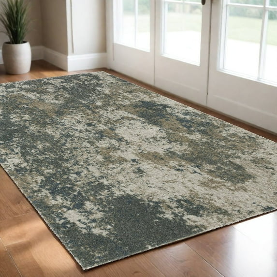 3' X 5' Teal Grey Tan And Beige Abstract Power Loom Stain Resistant Area Rug