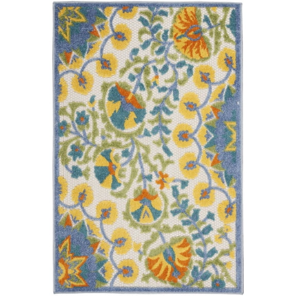 HomeRoots 479383 3 x 4 ft. Yellow & Teal Toile Non Skid Indoor & Outdoor Rectangle Area Rug