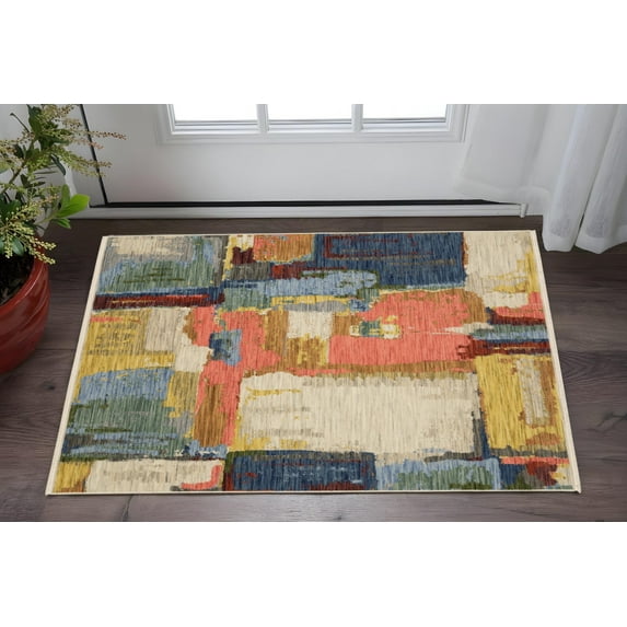 HomeRoots 575468 3 x 5 ft. Abstract Rectangle Area Rug with Fringe, Beige, Yellow & Pink