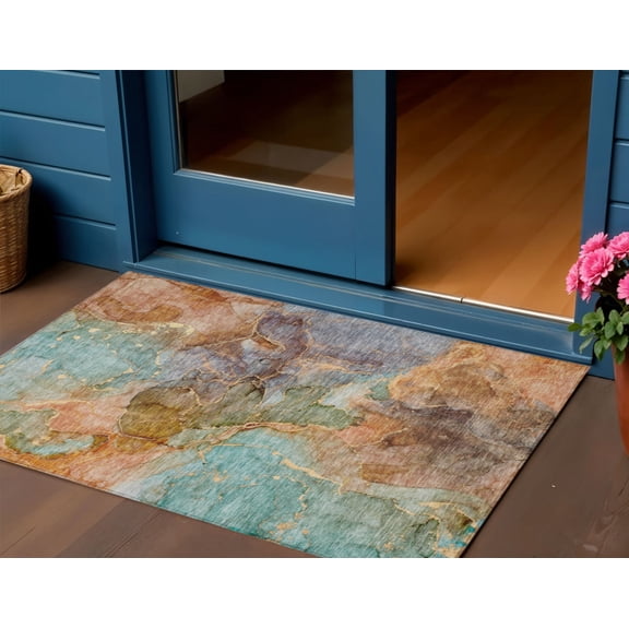 3' X 5' Copper Orange And Teal Blue Abstract Washable Indoor Outdoor Area Rug