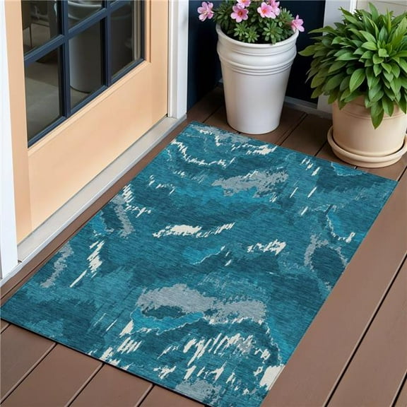 HomeRoots 590190 3 x 5 ft. Abstract Washable Indoor & Outdoor Rectangle Area Rug, Navy Blue & Teal Blue