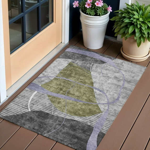 HomeRoots 587584 3 x 5 ft. Abstract Washable Indoor & Outdoor Rectangle Area Rug, Olive Green, Gray & Charcoal