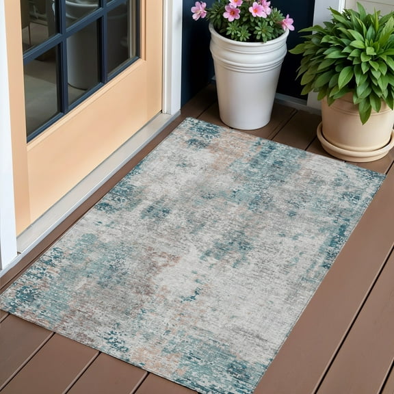 HomeRoots 587884 3 x 5 ft. Abstract Washable Indoor & Outdoor Rectangle Area Rug, Teal Blue, Beige & Copper