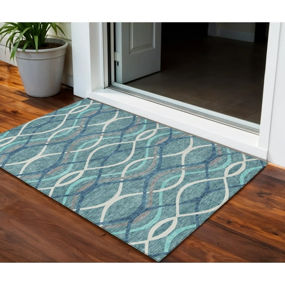 HomeRoots 585304 3 x 5 ft. Abstract Washable Indoor & Outdoor Rectangle Area Rug, Teal Blue, Navy Blue & Gray