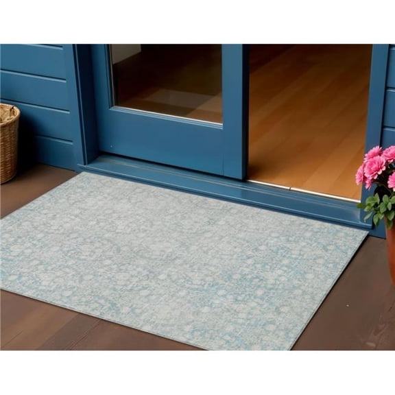 HomeRoots 607674 3 x 5 ft. Aqua Damask Washable Indoor & Outdoor Rectangle Area Rug