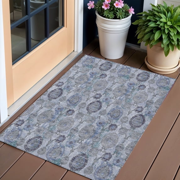HomeRoots 588142 3 x 5 ft. Damask Washable Indoor & Outdoor Rectangle Area Rug, Navy Blue & Sky Blue