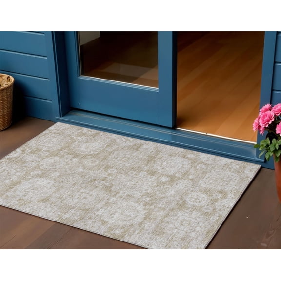 HomeRoots 579433 3 x 5 ft. Floral Washable Indoor & Outdoor Rectangle Area Rug, Beige, Tan & Gray