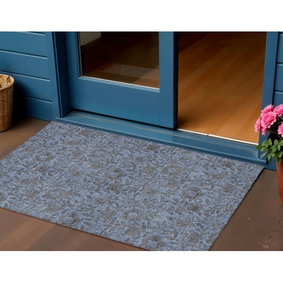 3' X 5' Blue Gray And Charcoal Floral Washable Indoor Outdoor Area Rug