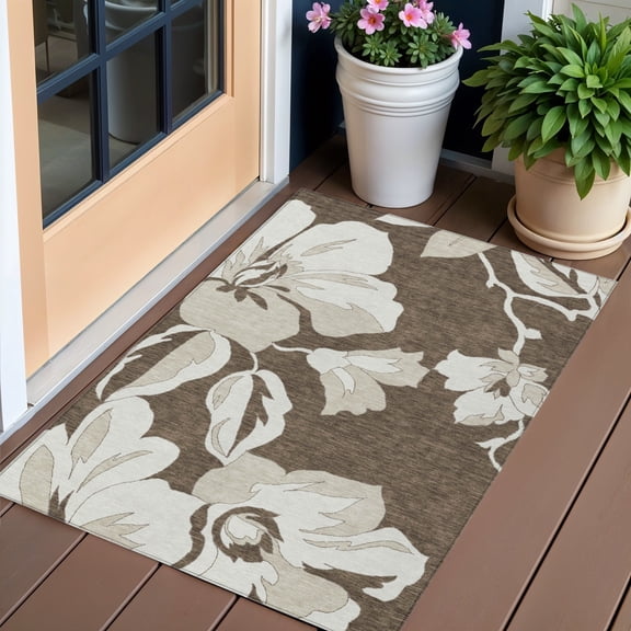 HomeRoots 589530 3 x 5 ft. Floral Washable Indoor & Outdoor Rectangle Area Rug, Brown, Beige & Taupe
