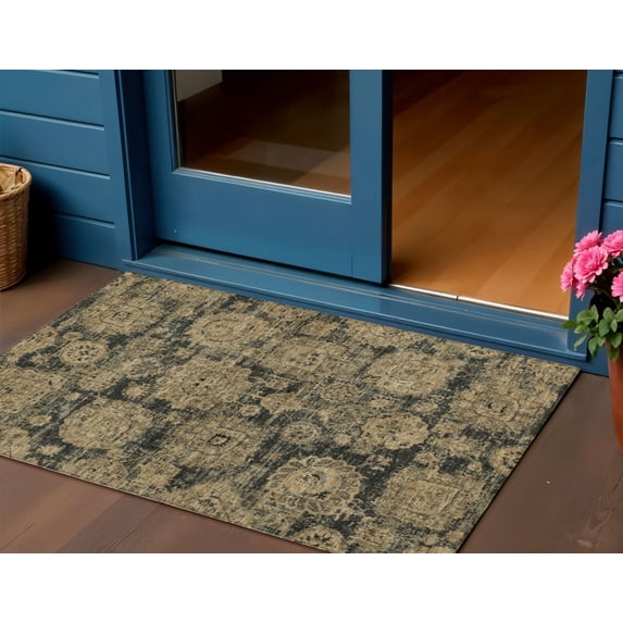 3' X 5' Charcoal Gold And Tan Floral Washable Indoor Outdoor Area Rug