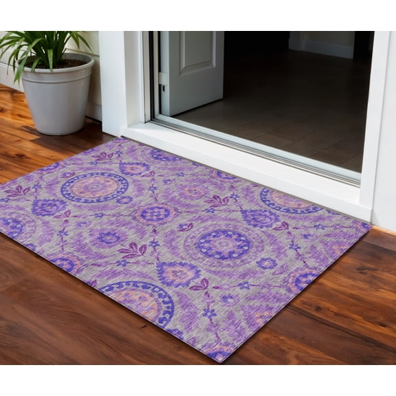 3' X 5' Lavender Lilac And Gray Floral Washable Indoor Outdoor Area Rug