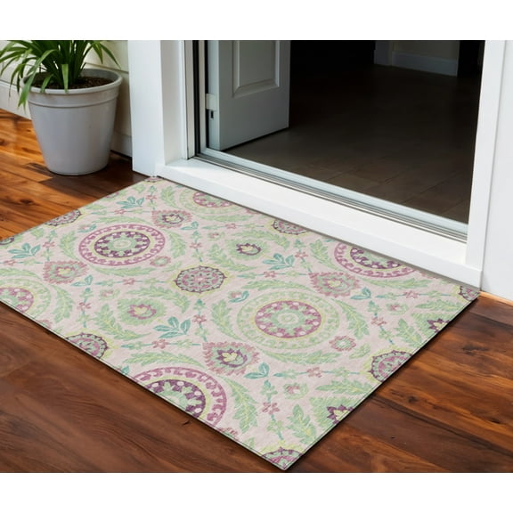 3' X 5' Pink Mauve And Mint Green Floral Washable Indoor Outdoor Area Rug