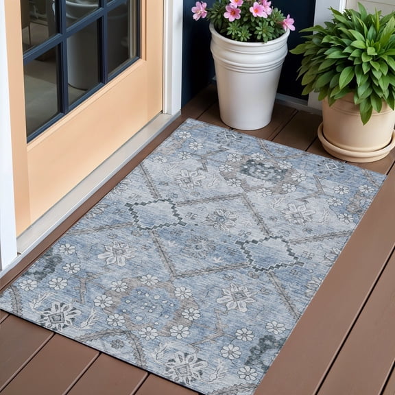 3' X 5' Sky Blue And Denim Blue Floral Washable Indoor Outdoor Area Rug