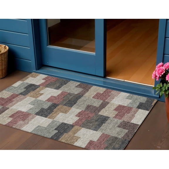3' X 5' Orange Copper And Charcoal Geometric Washable Indoor Outdoor Area Rug