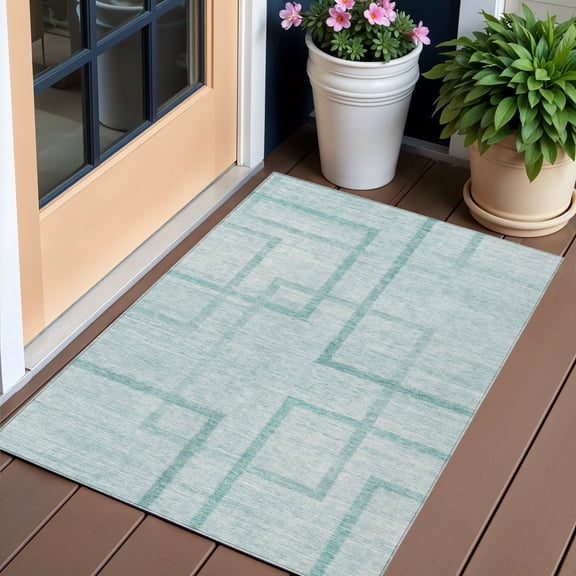 3' X 5' Teal Blue And Aqua Geometric Washable Indoor Outdoor Area Rug