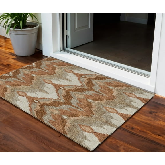 HomeRoots 584374 3 x 5 ft. Ikat Washable Indoor & Outdoor Rectangle Area Rug, Orange, Beige & Copper