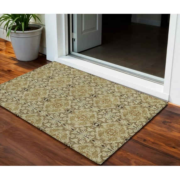 3' X 5' Brown Beige And Tan Medallion Washable Indoor Outdoor Area Rug