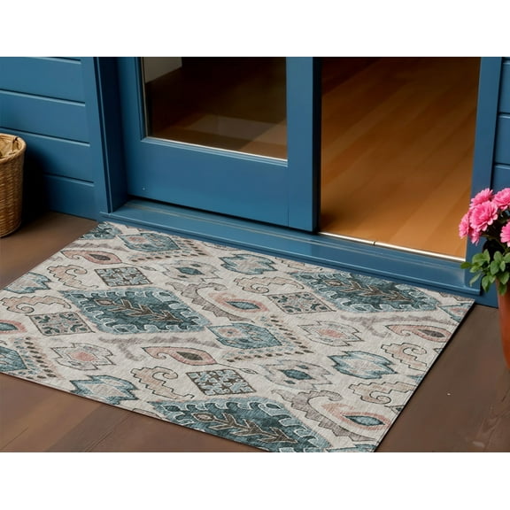 3' X 5' Beige Teal Blue And Copper Moroccan Washable Indoor Outdoor Area Rug