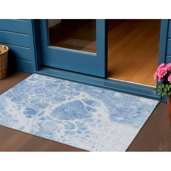 3' X 5' Sky Blue And Denim Blue Nautical Washable Indoor Outdoor Area Rug