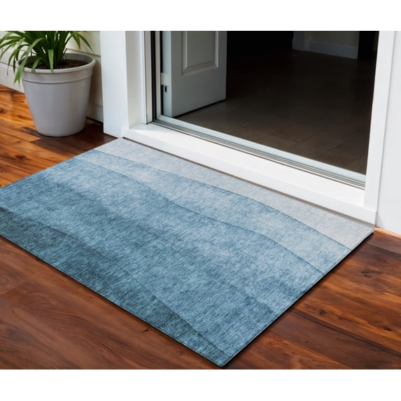 3' X 5' Denim Blue And Navy Blue Ombre Washable Indoor Outdoor Area Rug