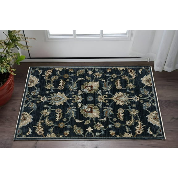 HomeRoots 575688 3 x 5 ft. Oriental Rectangle Area Rug with Fringe, Navy Blue, Tan & Teal