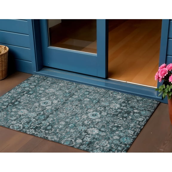 3' X 5' Dark Green Aqua And Charcoal Oriental Washable Indoor Outdoor Area Rug