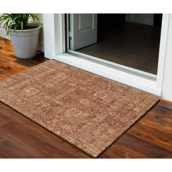 HomeRoots 579649 3 x 5 ft. Oriental Washable Indoor & Outdoor Rectangle Area Rug, Orange, Copper & Terra Cotta