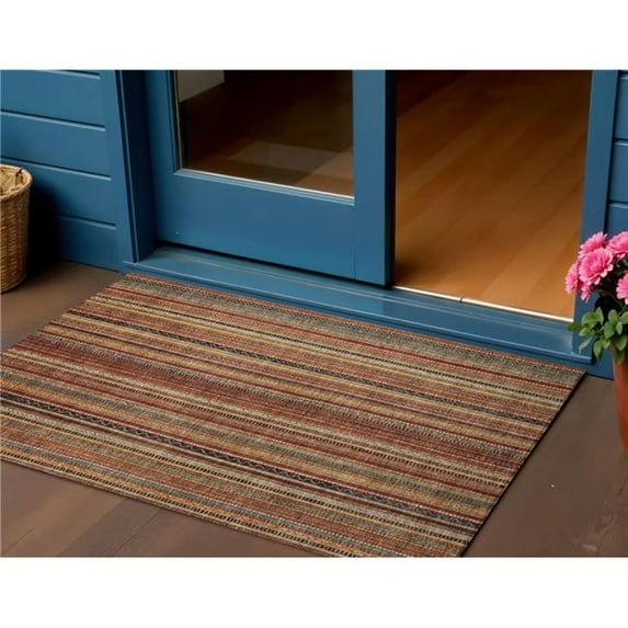 HomeRoots 616382 3 x 5 ft. Rust Taupe & Gray Striped Washable Indoor & Outdoor Rectangle Area Rug