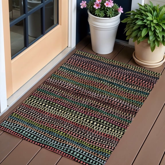 HomeRoots 588238 3 x 5 ft. Striped Washable Indoor & Outdoor Rectangle Area Rug, Black, Green & Gold