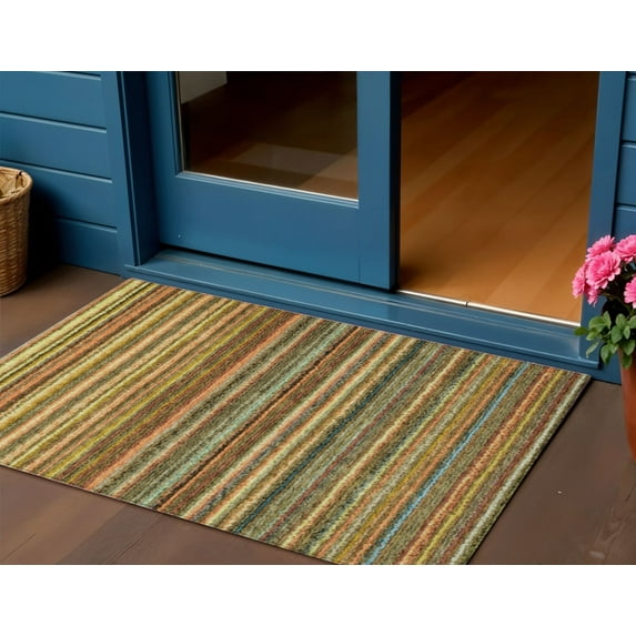 3' X 5' Coral Gold And Green Striped Washable Indoor Outdoor Area Rug