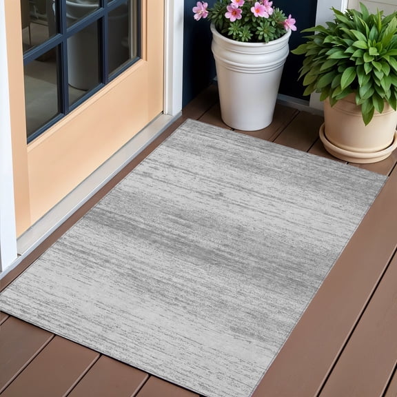3' X 5' Gray And Silver Striped Washable Indoor Outdoor Area Rug