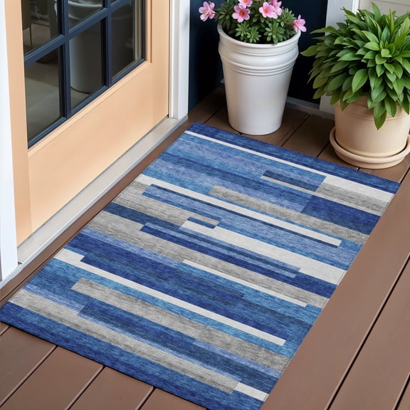 3' X 5' Navy Blue And Denim Blue Striped Washable Indoor Outdoor Area Rug