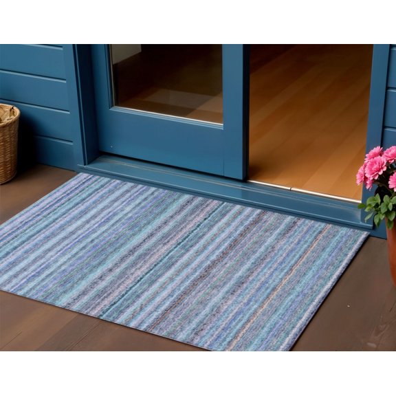 3' X 5' Sky Blue And Navy Blue Striped Washable Indoor Outdoor Area Rug