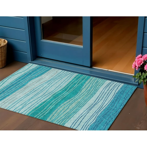 3' X 5' Sky Blue Teal Blue And Aqua Striped Washable Indoor Outdoor Area Rug
