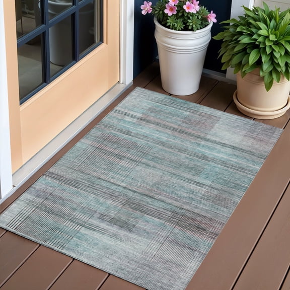 3' X 5' Teal Blue Gray And Charcoal Striped Washable Indoor Outdoor Area Rug