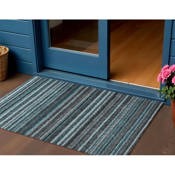 3' X 5' Teal Blue Sky Blue And Gray Striped Washable Indoor Outdoor Area Rug