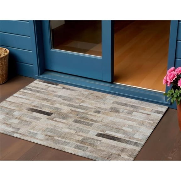 HomeRoots 615524 3 x 5 ft. Taupe & Gray Striped Washable Indoor & Outdoor Rectangle Area Rug