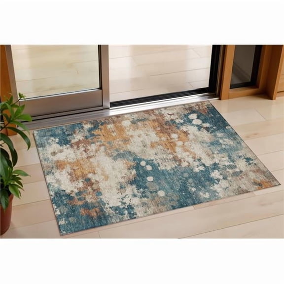 HomeRoots 631975 3 x 5 ft. Teal Blue & Copper Abstract Washable Indoor & Outdoor Rectangle Area Rug