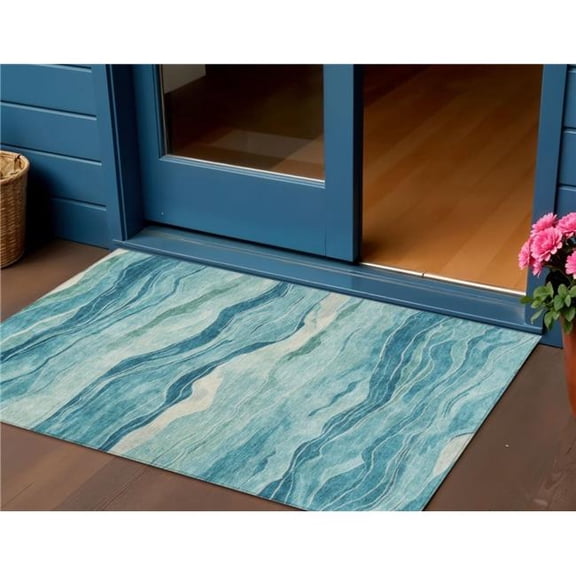 HomeRoots 608130 3 x 5 ft. Turquoise Striped Washable Indoor & Outdoor Rectangle Area Rug