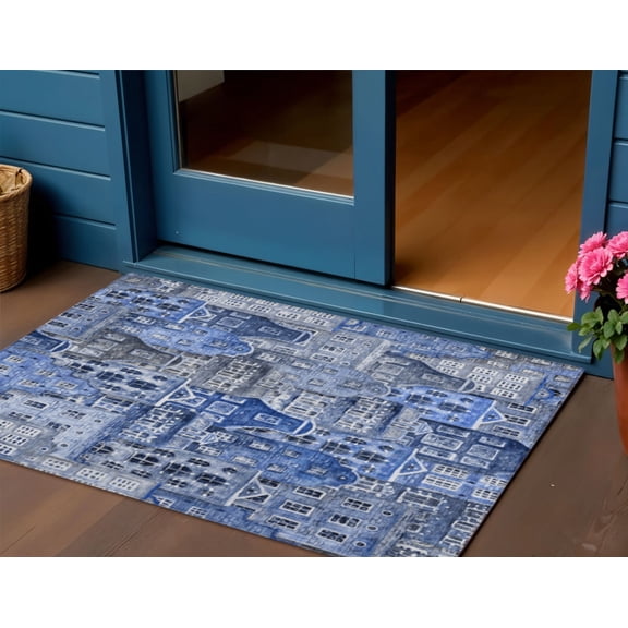 HomeRoots 577847 3 x 5 ft. Village Houses Washable Indoor & Outdoor Rectangle Area Rug, Navy Blue & Sky Blue