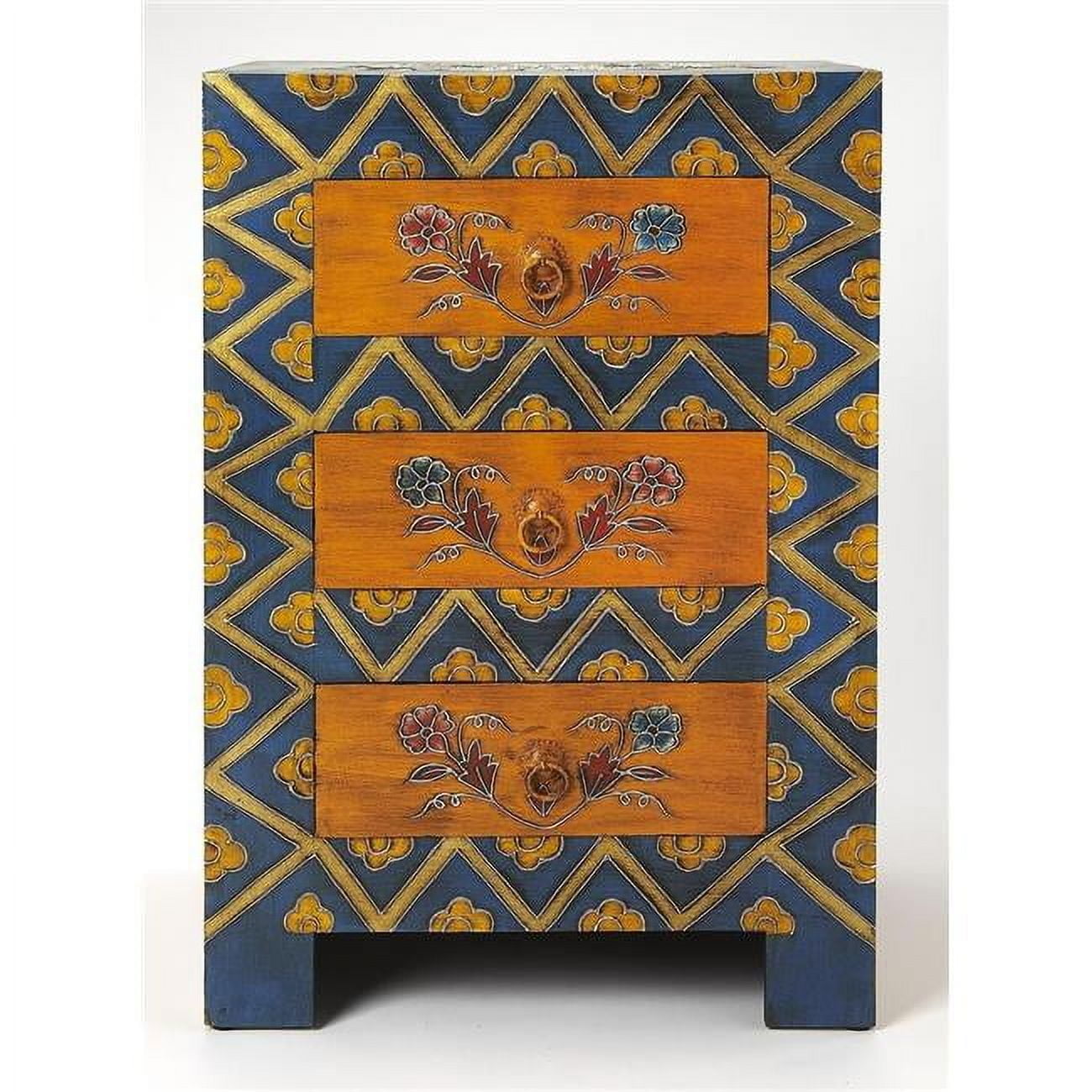 Teal Blue and Dark Brown Hand Painted 3 Drawer Accent Cabinet
