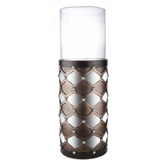 31" Bronze and Silver with Pearls Floor Hurricane Candle Holder